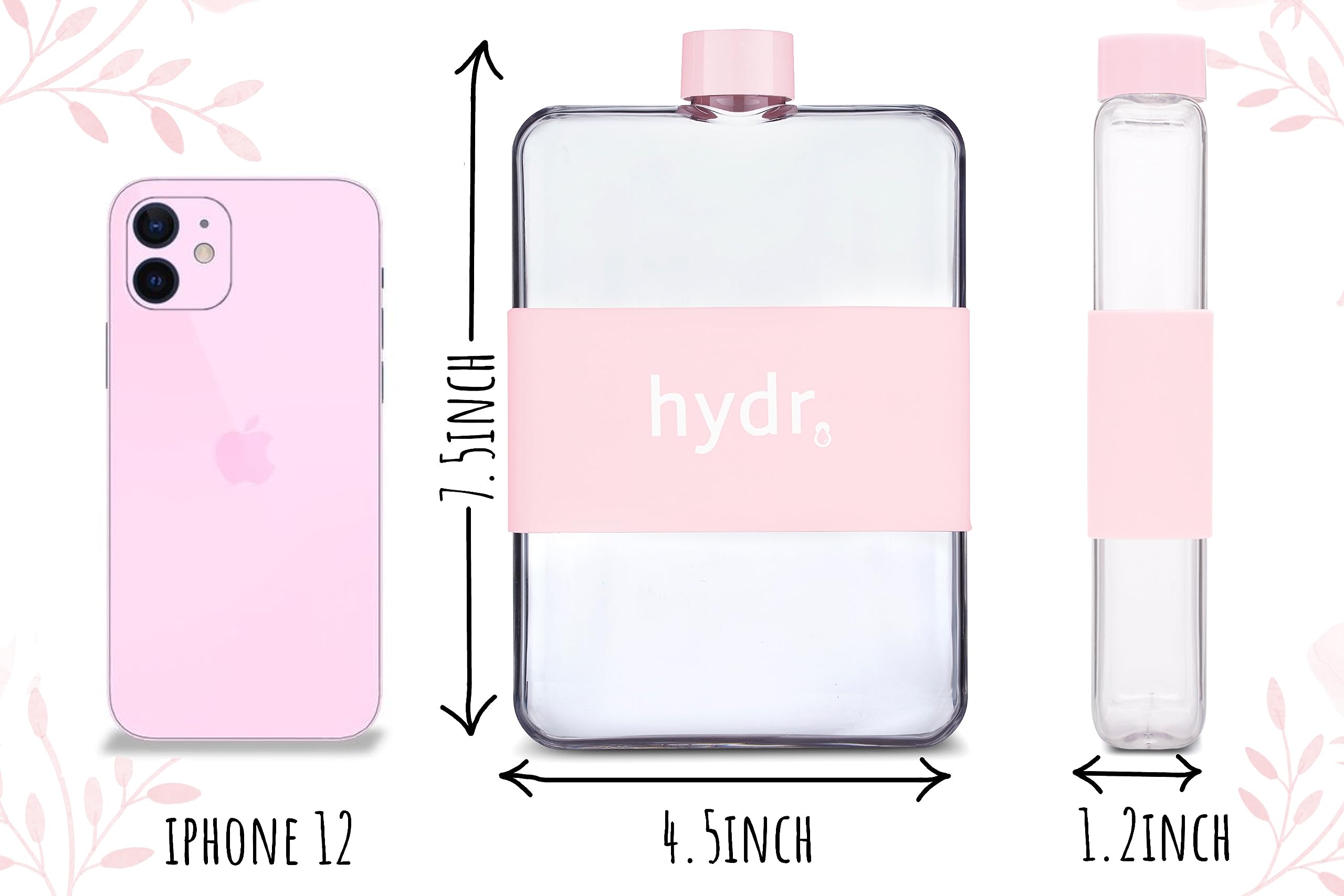 hydr | 15oz Flat Water Bottle For Purse & Flexible Cleaning Brush | BPA Free Square Water Bottle | Leak/Drop Proof Slim Water Bottles For Travel, small water bottle