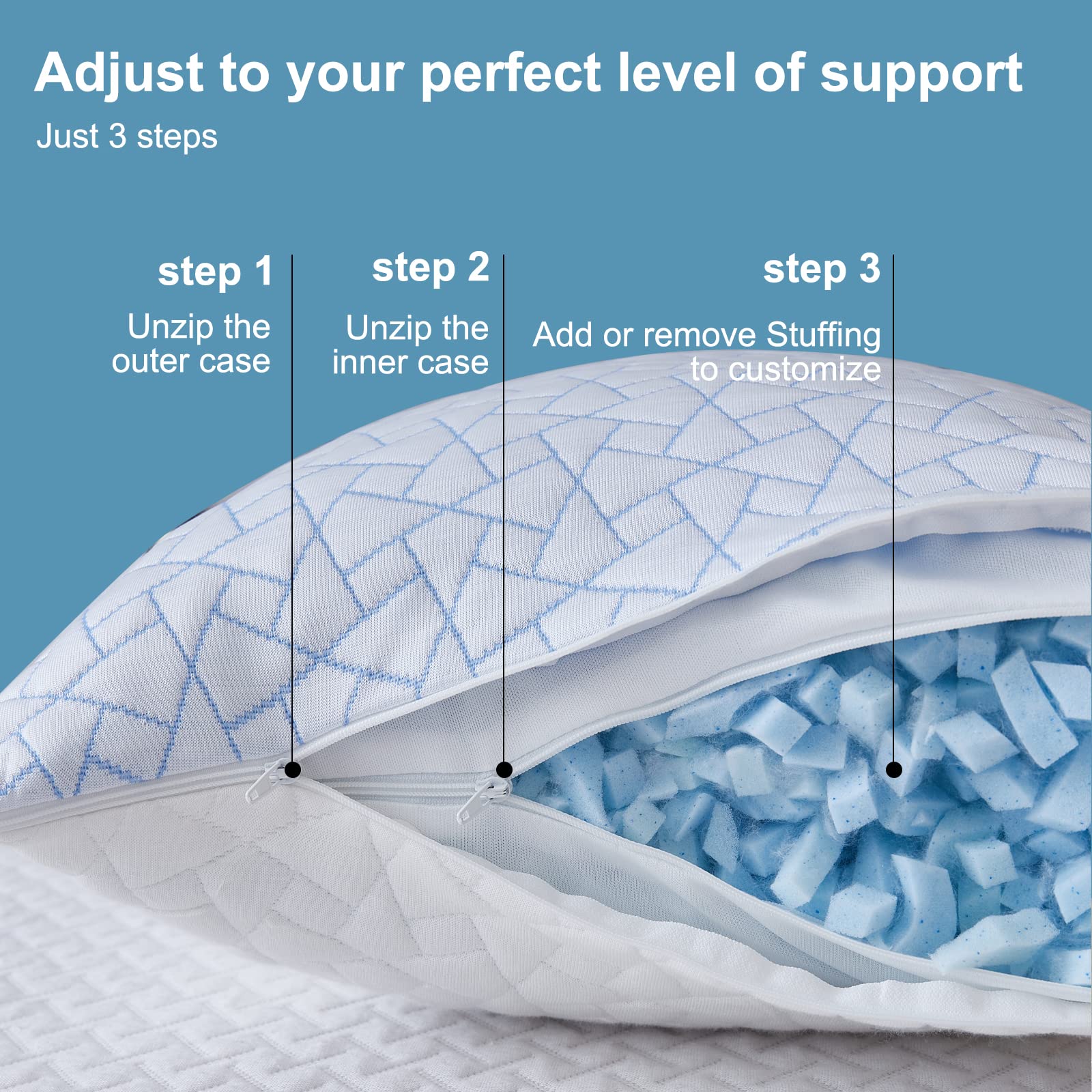 Cooling Pillow for hot Sleepers - Queen Pillow for Side and Back Sleeper - Adjustable Bed Pillows - Shredded Memory Foam Cooling Gel Pillow with Extra Fill