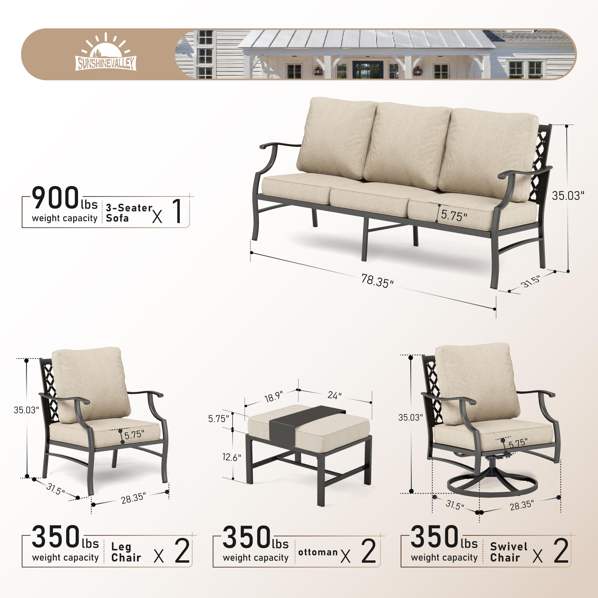 SUNSHINE VALLEY 7 Piece Outdoor Patio Furniture Sets Metal Modern Outoor Patio Conversation Set with 5.75" Extra Thick Cushion for Deck Backyard