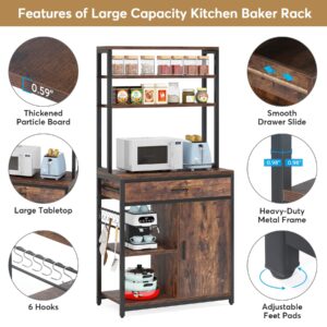 LITTLE TREE Bakers Racks for Kitchen with Cabinet, Large Capacity Microwave Stand with Drawers, 6-Tier Kitchens Utility Storage Shelves with Side Hooks, Rustic Brown