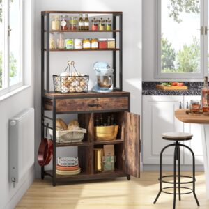 LITTLE TREE Bakers Racks for Kitchen with Cabinet, Large Capacity Microwave Stand with Drawers, 6-Tier Kitchens Utility Storage Shelves with Side Hooks, Rustic Brown