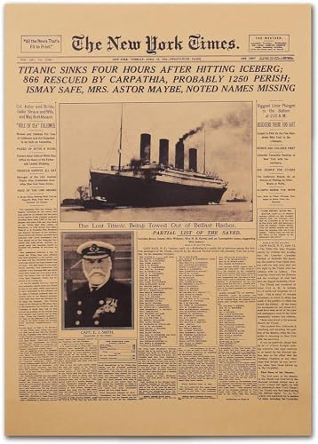 Vintage Titanic Poster 20" x 14" Unframed New York Times Titanic Disaster 1912 History Front Sheet Page Kraft Paper Titanic Sinking Poster Retro Decor Western Art Prints Home Decor