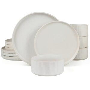 famiware star dinnerware sets, plates and bowls set for 4, 12 piece dish set, full glaze matte white