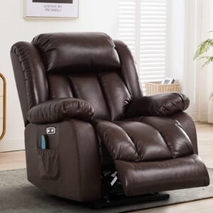 MAEVIS Large Lay Flat Sleeping Genuine Leather Power Lift Recliner Chairs for Elderly with Heat and Massage, with Dual OKIN Motor,Overstuffed Wide Recliners for Living Room,USB Ports (Brown)