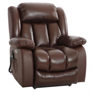 MAEVIS Large Lay Flat Sleeping Genuine Leather Power Lift Recliner Chairs for Elderly with Heat and Massage, with Dual OKIN Motor,Overstuffed Wide Recliners for Living Room,USB Ports (Brown)