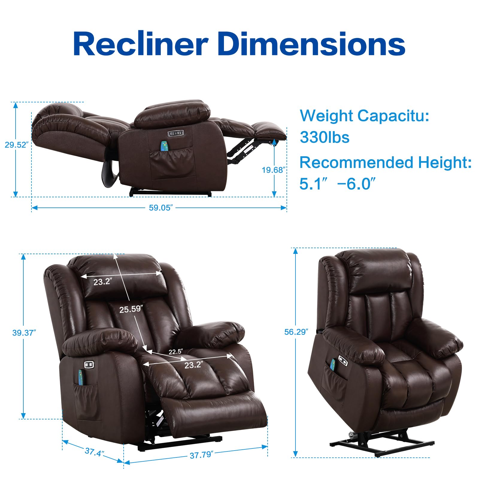 MAEVIS Large Lay Flat Sleeping Genuine Leather Power Lift Recliner Chairs for Elderly with Heat and Massage, with Dual OKIN Motor,Overstuffed Wide Recliners for Living Room,USB Ports (Brown)