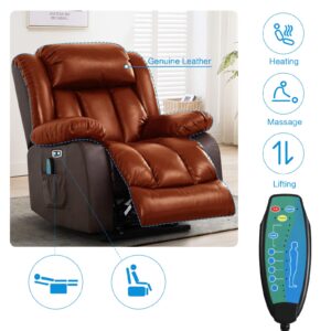 MAEVIS Large Lay Flat Sleeping Genuine Leather Power Lift Recliner Chairs for Elderly with Heat and Massage, with Dual OKIN Motor,Overstuffed Wide Recliners for Living Room,USB Ports (Brown)