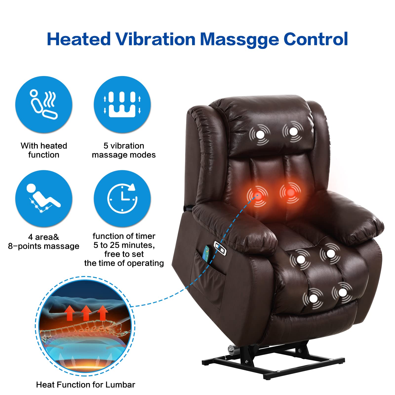 MAEVIS Large Lay Flat Sleeping Genuine Leather Power Lift Recliner Chairs for Elderly with Heat and Massage, with Dual OKIN Motor,Overstuffed Wide Recliners for Living Room,USB Ports (Brown)