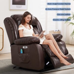 MAEVIS Large Lay Flat Sleeping Genuine Leather Power Lift Recliner Chairs for Elderly with Heat and Massage, with Dual OKIN Motor,Overstuffed Wide Recliners for Living Room,USB Ports (Brown)