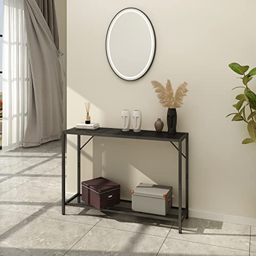 LAATOOREE 41.7" Console Table, Two-Color DIY Entryway Table, Industrial Narrow Sofa Table with Metal Mesh Shelf for Hallway, Foyer, Living Room, Corridor, Rustic Brown & Black