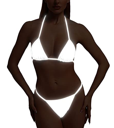 Reflective Rave Outfits for Women - Sexy Shiny Festival Halter Triangle Top Thong EDM Night Metallic Bikini Set(Silver,XS,1036e)