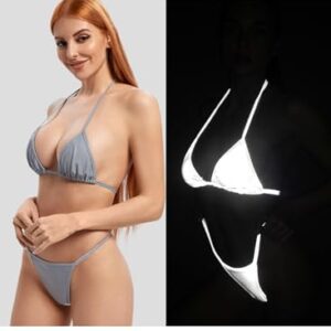 Reflective Rave Outfits for Women - Sexy Shiny Festival Halter Triangle Top Thong EDM Night Metallic Bikini Set(Silver,XS,1036e)