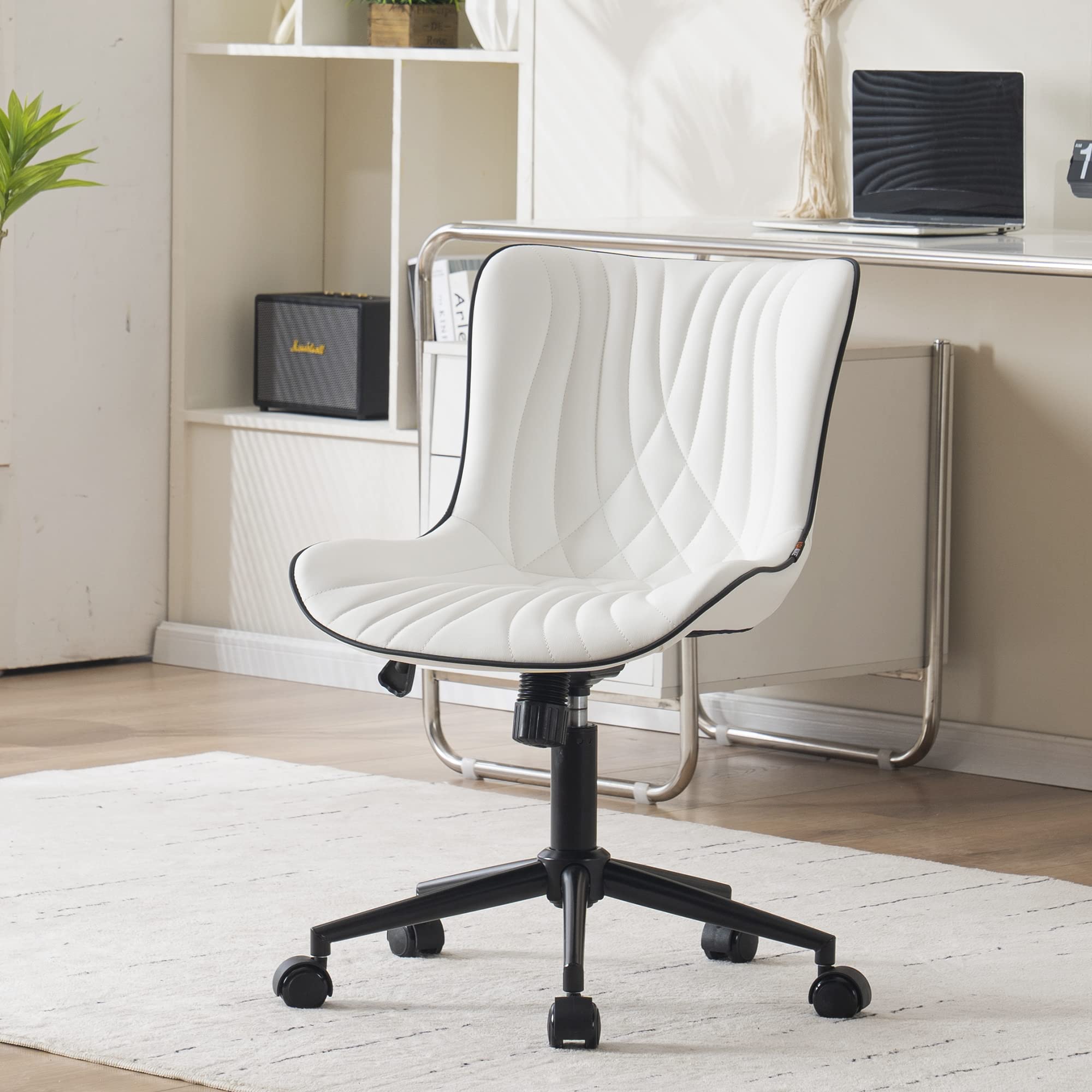 YOUNIKE Office Chair, Armless Desk Chair with Wheels, Home Office Computer Task Chairs, Modern Faux Leather Upholstered Vanity Chair, Adjustable Swivel Rocking Office Chair with Back, White