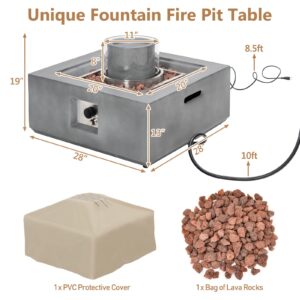 Tangkula 28” Fire Pit Table with Fountain, 50,000 BTU Square Fire Table with Stainless Steel Burner, Wind Guard, Lava Rocks & PVC Cover, Outdoor Magnesium Oxide Propane Fire Pit for Poolside Backyard