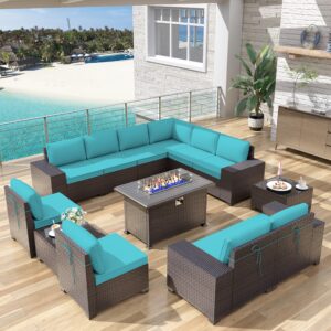 delnavik patio furniture sectional sofa set 13-pieces pe rattan patio conversation set w/43in gas fire pit table, outdoor furniture with 55000 btu propane fire pit, blue