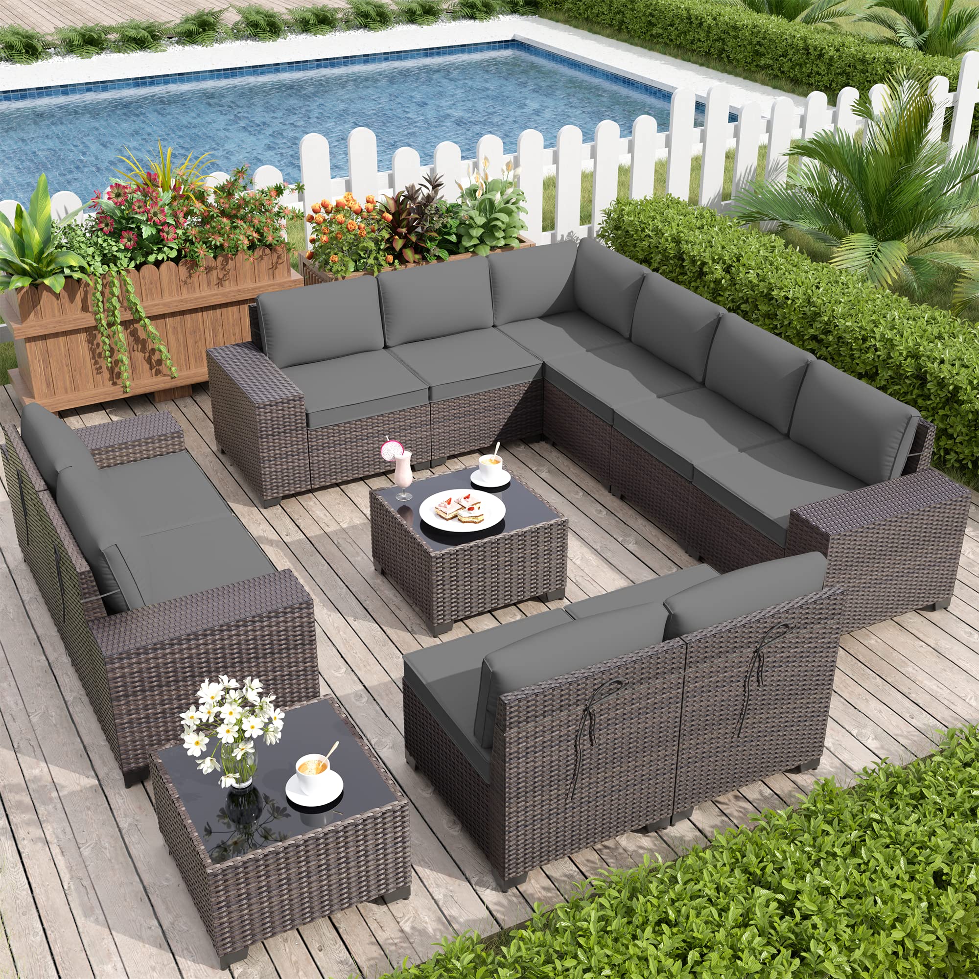 Delnavik Patio Furniture Set Sofa 12-Pieces Wicker Sectional Sofa Set, Outdoor Furniture Rattan Patio Conversation Set with Thickened Cushions and Glass Coffee Table, Grey