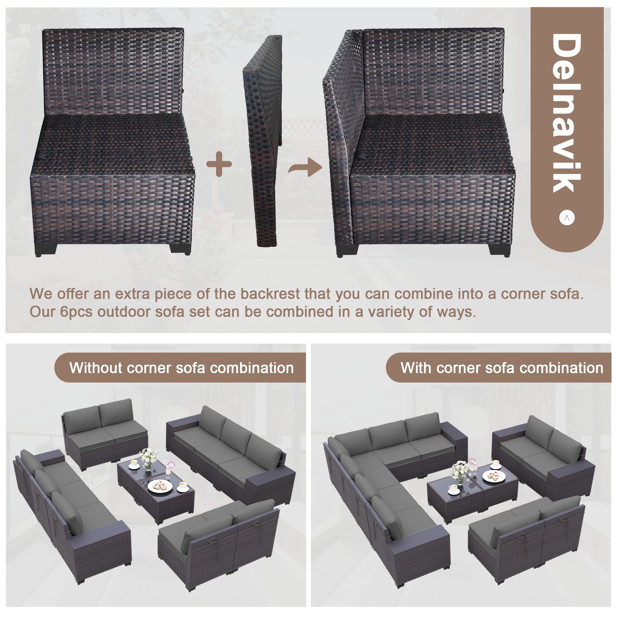 Delnavik Patio Furniture Set Sofa 12-Pieces Wicker Sectional Sofa Set, Outdoor Furniture Rattan Patio Conversation Set with Thickened Cushions and Glass Coffee Table, Grey