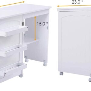 COSTWAY Folding Sewing Table, Multipurpose Craft Station Desk, Display Cabinet with Shelves Storage, Lockable Wheels, Rolling Sewing Machine Desk for Home Apartment, White