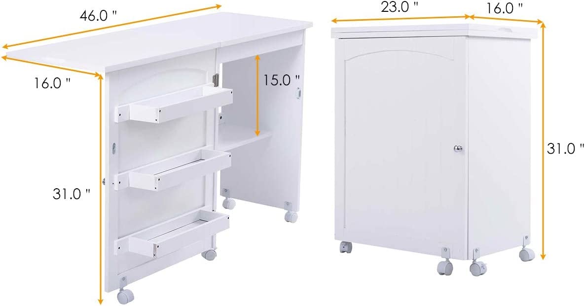 COSTWAY Folding Sewing Table, Multipurpose Craft Station Desk, Display Cabinet with Shelves Storage, Lockable Wheels, Rolling Sewing Machine Desk for Home Apartment, White