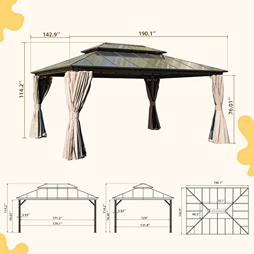 Domi 12' X 16' Hardtop Gazebo, Permanent Outdoor Gazebo with Polycarbonate Double Roof, Aluminum Gazebo Pavilion with Curtain and Net for Garden, Patio, Lawns, Deck, Backyard