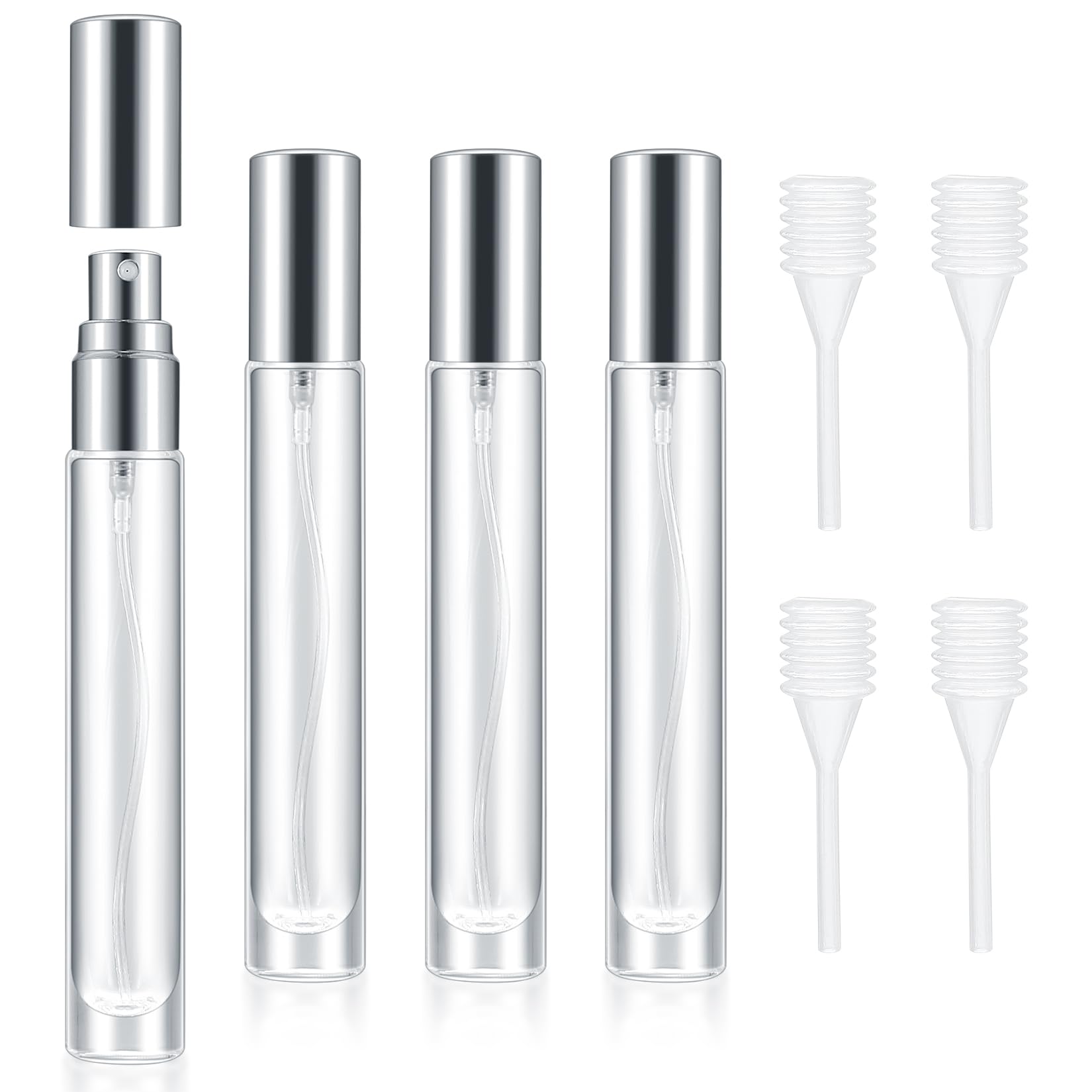 qiwuhai 4 Pcs 10ml/3oz Fine Mist Glass Atomizer Bottles, Mini Refillable Spray Bottles, Small Empty Spray Bottles, Portable Sample Containers Sample Vials for Travel Essential Oil (Silver)