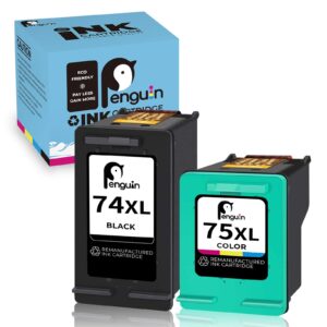 penguin 74xl 75xl remanufactured printer ink cartridge replacement for hp 74 xl 75 xl used for deskjet d4260 d4360 officejet j5730 j6415 photosmart c4200 c4225 c4342 d5368 (1 black,1 color) combo pack