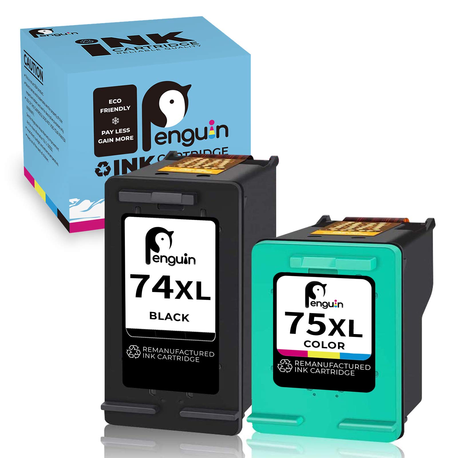 Penguin 74XL 75XL Remanufactured Printer Ink Cartridge Replacement for HP 74 XL 75 XL Used for Deskjet D4260 D4360 Officejet J5730 J6415 Photosmart C4200 C4225 C4342 D5368 (1 Black,1 Color) Combo Pack