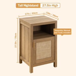 SICOTAS Tall Nightstand Set of 2 - Rattan Night Stand Farmhouse Bedside Table Boho End Table with Drawer for Bedroom Storage - 27.5in High