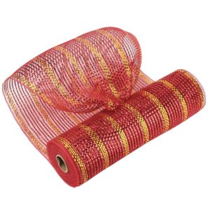 MEEDEE 10 Inch Mesh Ribbon Red and Gold Christmas Deco Mesh Metallic Red Mesh Ribbon with Metallic Gold Stripes 10 Yards Christmas Mesh for Wreaths Christmas Mesh Ribbon for Christmas Tree