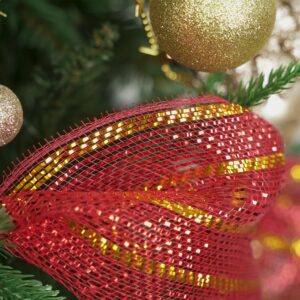 MEEDEE 10 Inch Mesh Ribbon Red and Gold Christmas Deco Mesh Metallic Red Mesh Ribbon with Metallic Gold Stripes 10 Yards Christmas Mesh for Wreaths Christmas Mesh Ribbon for Christmas Tree