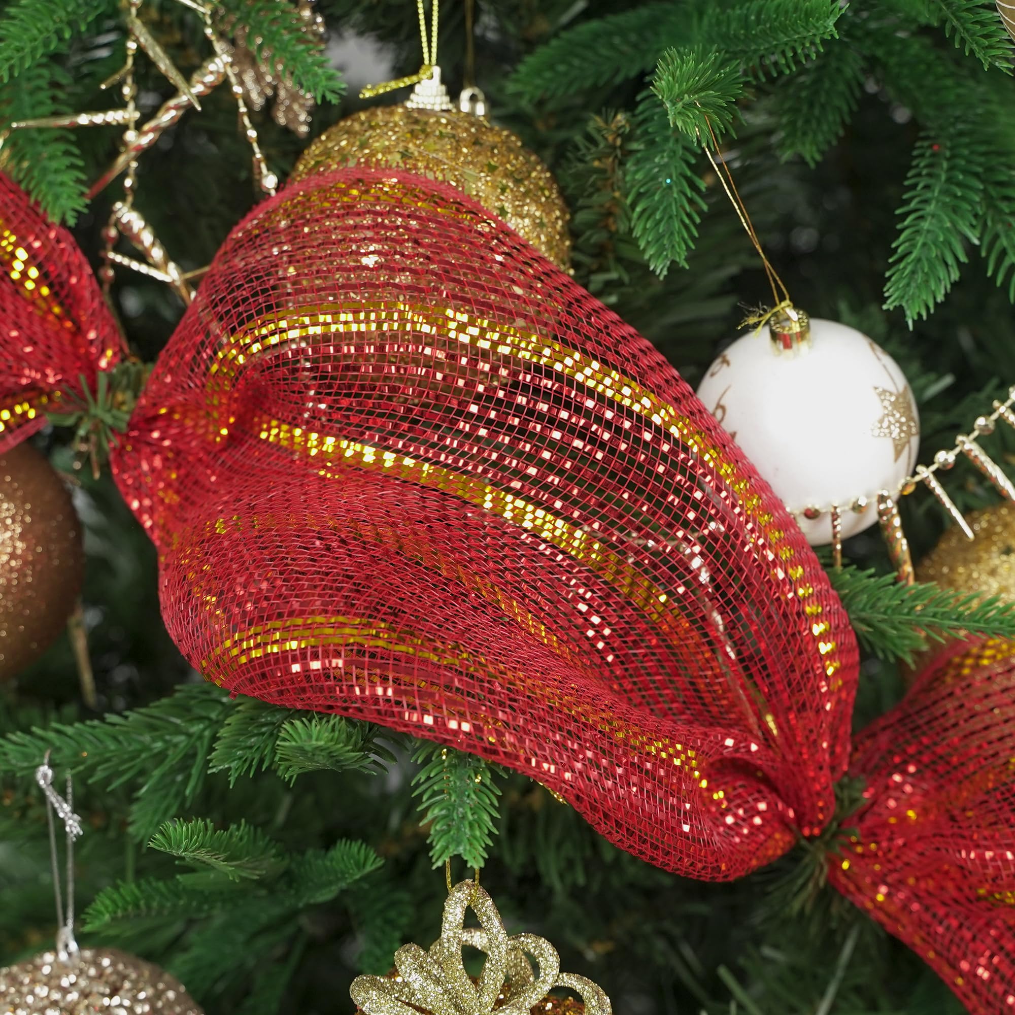 MEEDEE 10 Inch Mesh Ribbon Red and Gold Christmas Deco Mesh Metallic Red Mesh Ribbon with Metallic Gold Stripes 10 Yards Christmas Mesh for Wreaths Christmas Mesh Ribbon for Christmas Tree