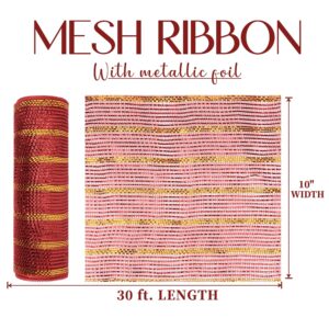 MEEDEE 10 Inch Mesh Ribbon Red and Gold Christmas Deco Mesh Metallic Red Mesh Ribbon with Metallic Gold Stripes 10 Yards Christmas Mesh for Wreaths Christmas Mesh Ribbon for Christmas Tree