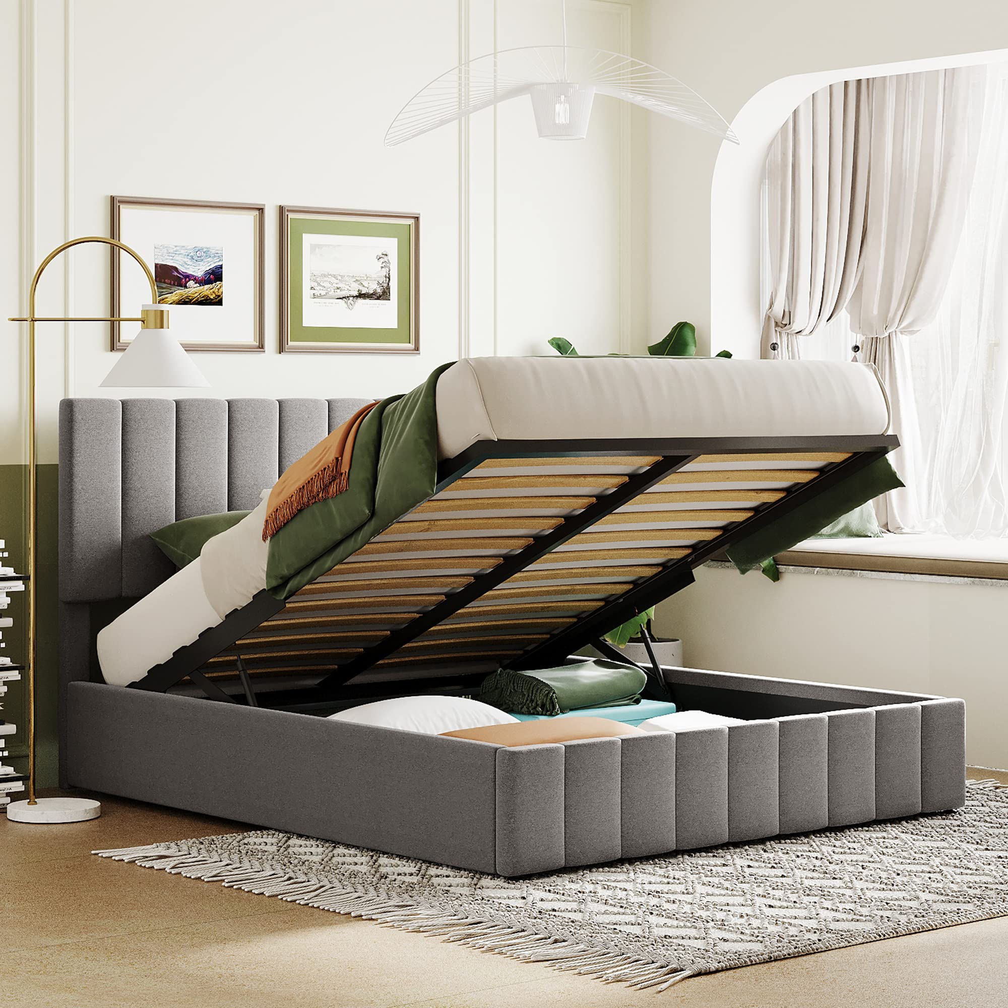 Merax Upholstered Queen beds Gas Lift Up Storage Platform Bed Frame with Tufted Headboard Wooden Slat Support and Under Storage,Grey