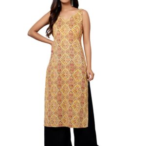 Bani Women Printed Sleeveless Kurta with Adjustable Shoulder Strap Ethnic Indian Ready to Wear Kurti for Girls Yellow