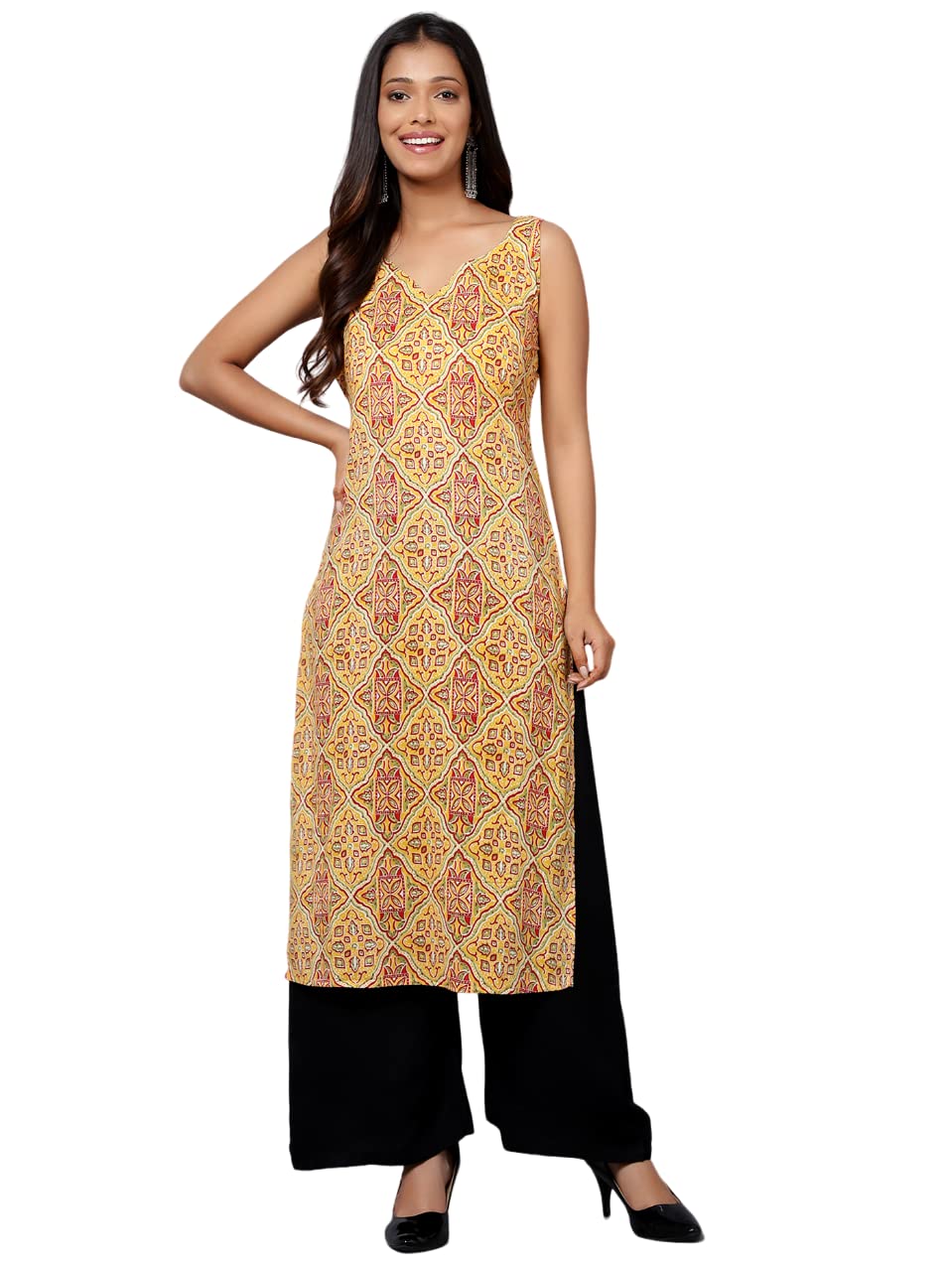 Bani Women Printed Sleeveless Kurta with Adjustable Shoulder Strap Ethnic Indian Ready to Wear Kurti for Girls Yellow