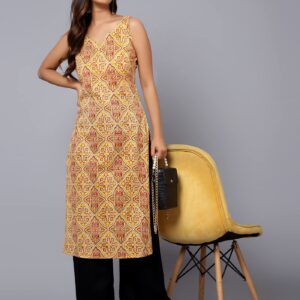 Bani Women Printed Sleeveless Kurta with Adjustable Shoulder Strap Ethnic Indian Ready to Wear Kurti for Girls Yellow