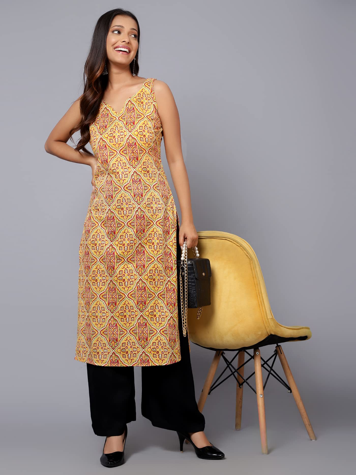 Bani Women Printed Sleeveless Kurta with Adjustable Shoulder Strap Ethnic Indian Ready to Wear Kurti for Girls Yellow