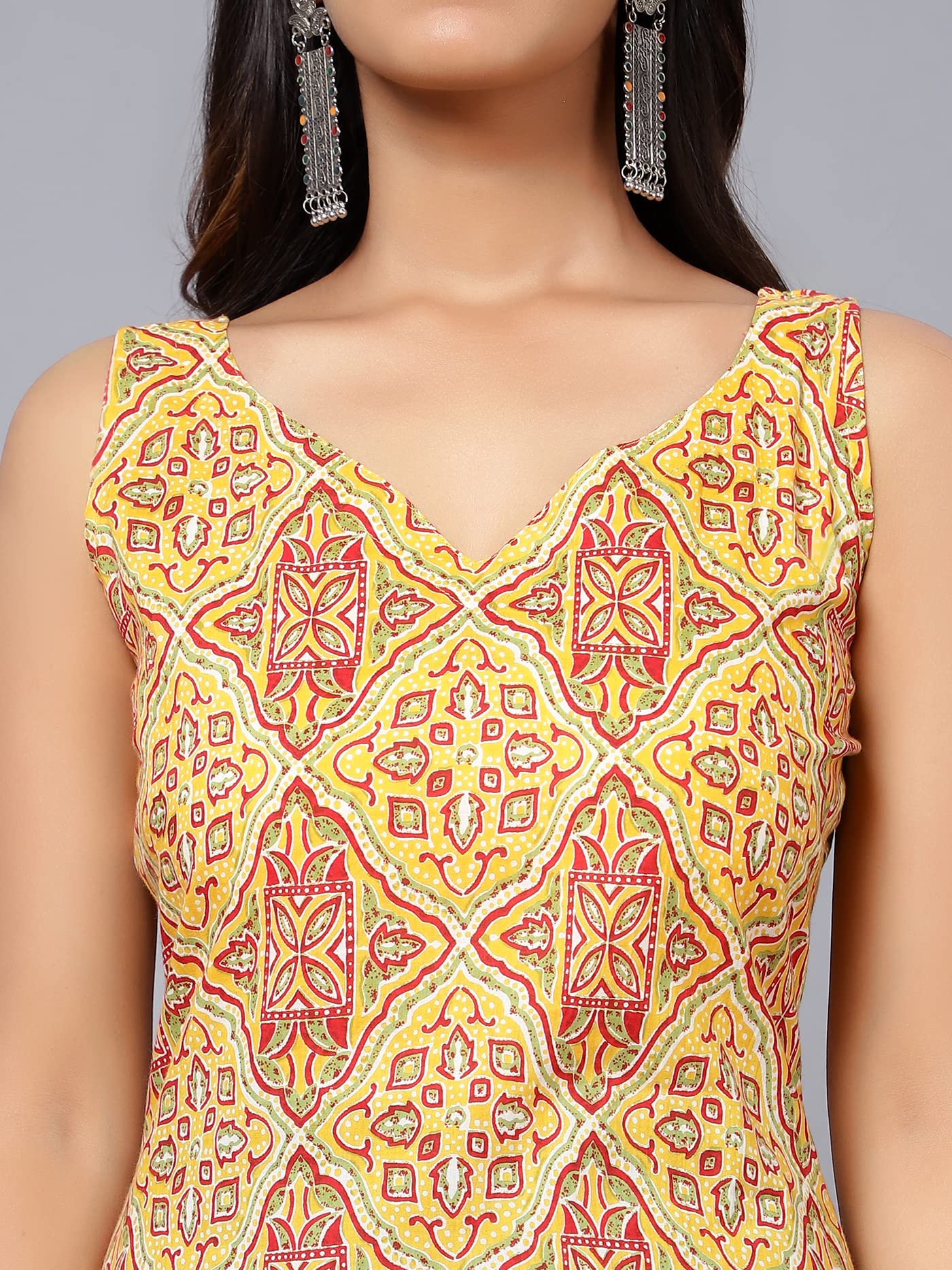 Bani Women Printed Sleeveless Kurta with Adjustable Shoulder Strap Ethnic Indian Ready to Wear Kurti for Girls Yellow