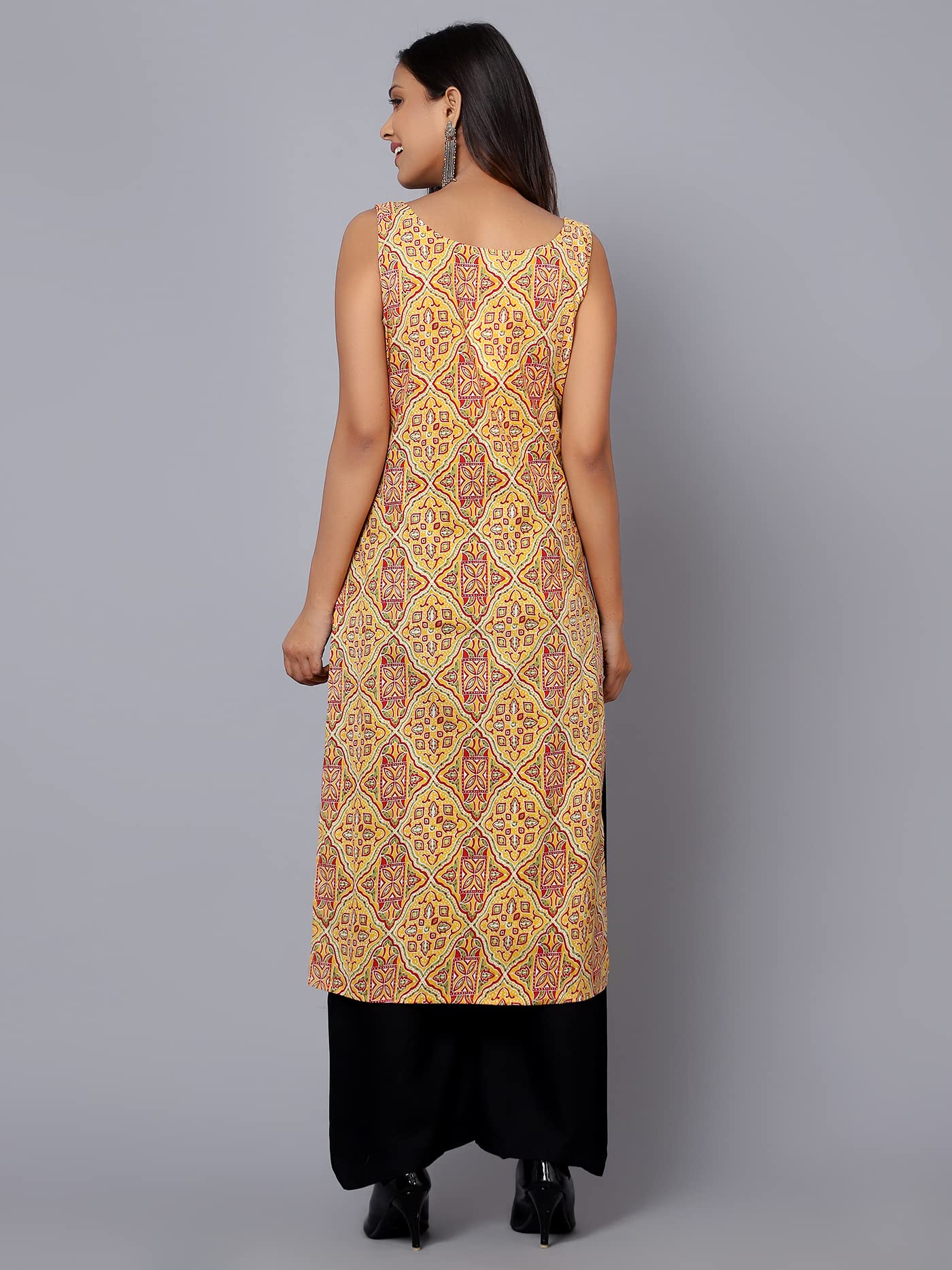 Bani Women Printed Sleeveless Kurta with Adjustable Shoulder Strap Ethnic Indian Ready to Wear Kurti for Girls Yellow