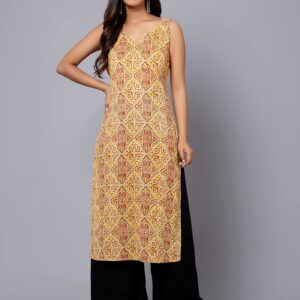 Bani Women Printed Sleeveless Kurta with Adjustable Shoulder Strap Ethnic Indian Ready to Wear Kurti for Girls Yellow