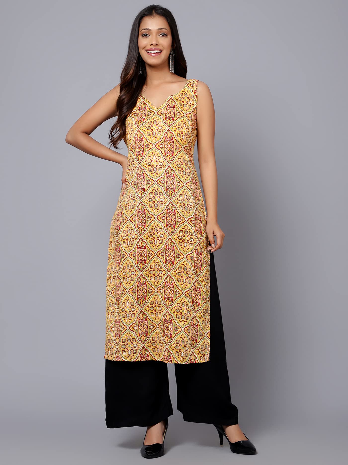 Bani Women Printed Sleeveless Kurta with Adjustable Shoulder Strap Ethnic Indian Ready to Wear Kurti for Girls Yellow