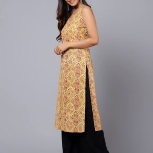 Bani Women Printed Sleeveless Kurta with Adjustable Shoulder Strap Ethnic Indian Ready to Wear Kurti for Girls Yellow