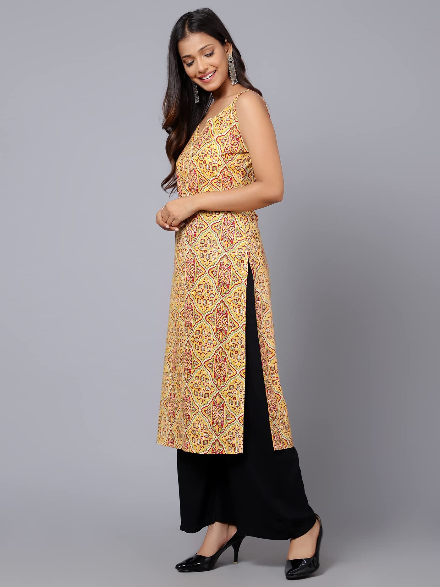 Bani Women Printed Sleeveless Kurta with Adjustable Shoulder Strap Ethnic Indian Ready to Wear Kurti for Girls Yellow