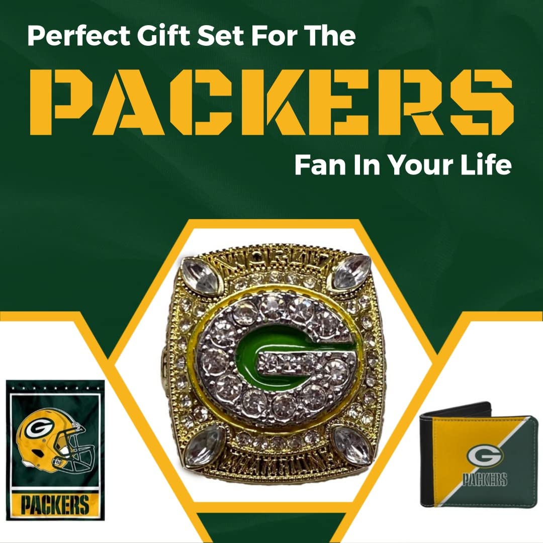 Edgell House Green Bay Packers Sports Memorabilia Gift Set – Includes a ’11 Replica Super Bowl Ring, a Packers NFL Flag and a Green Bay Packers Leather Wallet – brought to you