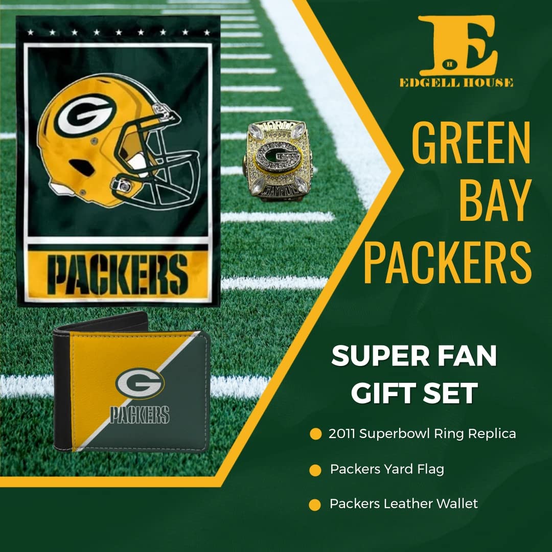 Edgell House Green Bay Packers Sports Memorabilia Gift Set – Includes a ’11 Replica Super Bowl Ring, a Packers NFL Flag and a Green Bay Packers Leather Wallet – brought to you