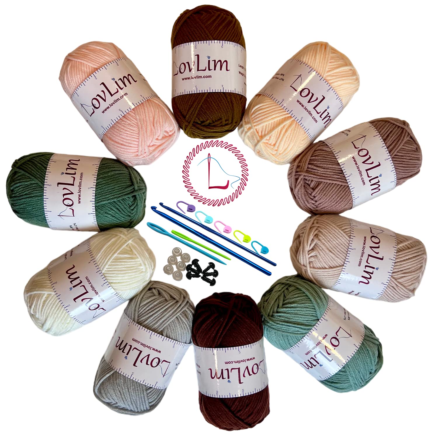 LovLim Crochet Yarn, 10x50g Soft Cotton Yarn Skeins, 1200+ Yards, for Crochet and Knitting, Free Crochet/Amigurumi Patterns, Craft DK Yarn Perfect Starter Kit (Nature)