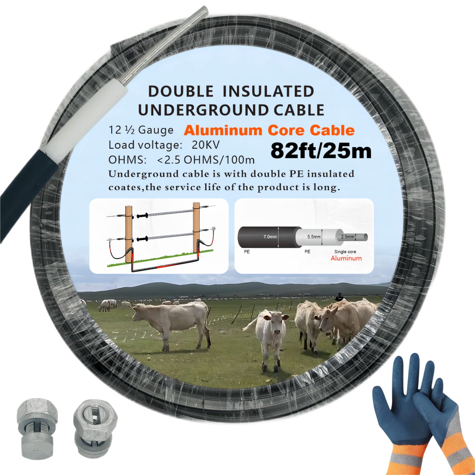 CYM-INSIST Electric Fence Double Insulated Wire Underground,12-1/2 Guage Electric Fence Double Insulated Underground Hard Cable,Aluminum Core Cable