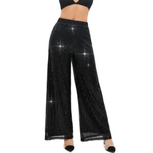 yhyjmy womens casual sparkle sequin glitter bling loose elastic high waist shiny wide leg pants (k284-black-m)