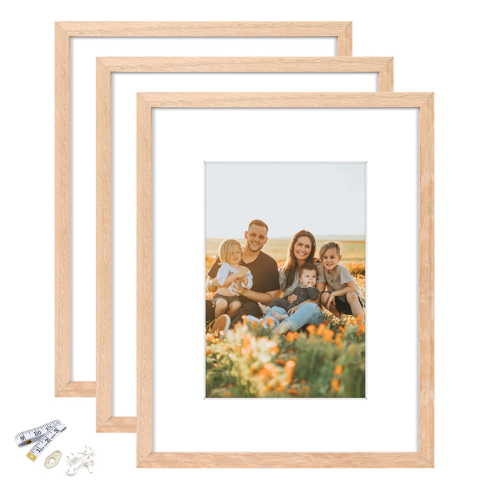 ATOBART 8x10 Picture Frame, OAK Wood Photo Frame 5x7 with Mat or 8x10 without Mat with Perspex Glass for Vertical or Horizontal Tabletop Wall Display for Photos, Paintings, Posters, Artwork, Set of 3