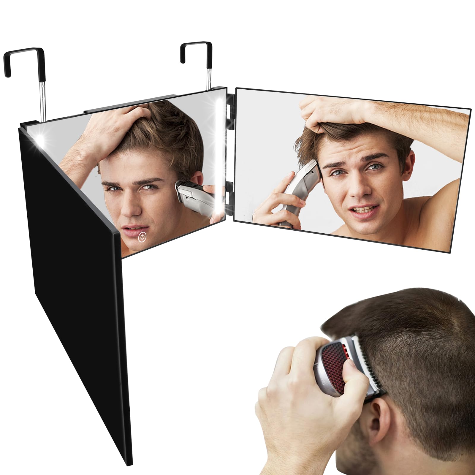 3 Way Mirror for Self Hair Cutting with LED Lights, Rechargeable 360 Barber Mirror Trifold Mirror Light Up Mirror for Makeup, Hair Styling, Unique Birthday for Man Woman